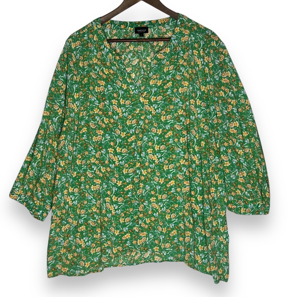 Jones & Co Floral Blouse Split Neck Popover Green Yellow‎ Crossover Hem Rayon 2X